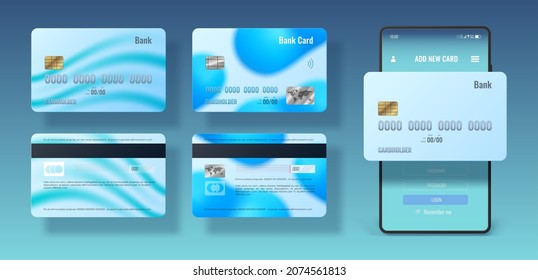 3d diseño de tarjetas de crédito frontal y posterior, pago por teléfono. Aplicación de banco móvil, tecnología de pago sin efectivo. Juego de vectores de tarjetas de dinero realistas. Comercio digital, realizar transacciones inalámbricas