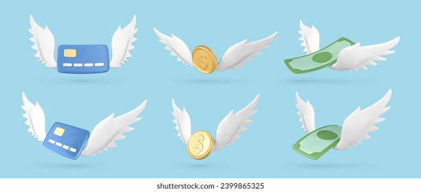 3D credit card, gold coin and dollar bill with wings isolated on blue background. Finance and banking. Lost money concept. Vector 3d illustration