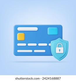 3d Credit card with lock. Locked bank card secure transaction protection. Secure money payment online system sign, graphic web elements design, 3D rendering. Vector illustration