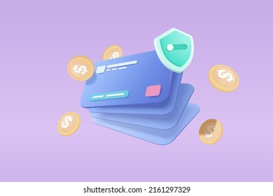 3D credit card money financial security for online shopping, online payment credit card with payment protection concept. 3d rendering for business finance, shopping on e-commerce for secure concept