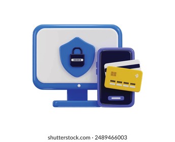 3D credit card money financial security for online shopping and online payment with payment protection with mobile phone icon