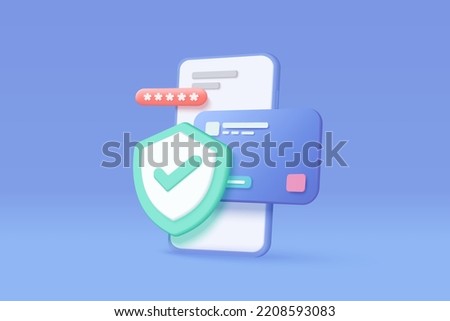 3D credit card money financial security for online shopping, online payment with payment protection. shopping with 3d mobile phone password security. 3d finance safety vector icon render illustration