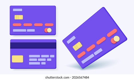 3d credit card on both sides and in isometry. Children's colorful illustration of an isolated bank card.