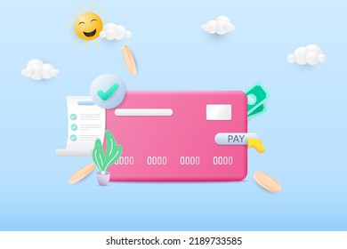 3d Kreditkartenzahlungskonzept. Haushaltsführungskonzept Banknoten, Münzen und Checkliste. 3D-Vektorgrafik.