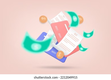 3d Credit card with payment paper bill 3d for cash, online shopping, bill online payment, or credit card. Bills from the supermarket, Purchase invoice, cash receipt. Payment of utility.