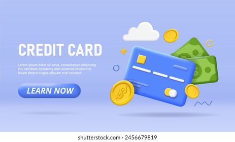 3D credit card poster. Credit card with green banknotes and golden coins. Cashless transfers and transactions, payment on internet. Landing webpage design. Cartoon isometric vector illustration