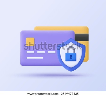 3D Credit card with shield. 3D design of Secure money payment online system concept. Vector illustration.