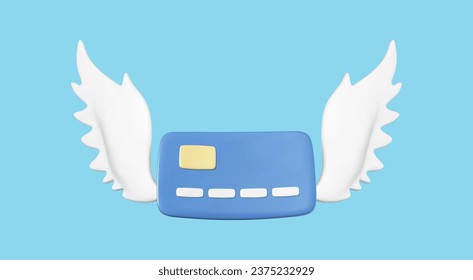 3D credit card with white wings isolated on blue background. Concept of financial loss, spending, banking loan payment, inflation, growing prices and easy income. Vector 3d illustration