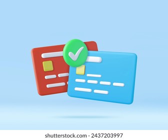 3d credit cards with green checkmark. for approve, correct and pass.business money finance and management realistic cartoon concept. 3d rendering. Vector illustration.