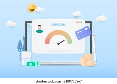 3d Credit score concept with laptop. Good credit score. Credit card, laptop, calculator, banknotes, and coin stack. 3d Vector illustration.