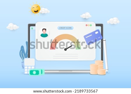 3d Credit score concept with laptop. Good credit score. Credit card, laptop, calculator, banknotes, and coin stack. 3d Vector illustration.