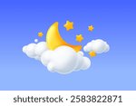 3d crescent cloud. Yellow childish moon stars cloud, baby happy sleep night long dreams lullaby zzz midnight time sleeping kid concept dream background, exact vector illustration original artwork