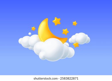 3d crescent cloud. Yellow childish moon stars cloud, baby happy sleep night long dreams lullaby zzz midnight time sleeping kid concept dream background, exact vector illustration original artwork