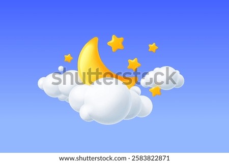 3d crescent cloud. Yellow childish moon stars cloud, baby happy sleep night long dreams lullaby zzz midnight time sleeping kid concept dream background, exact vector illustration original artwork