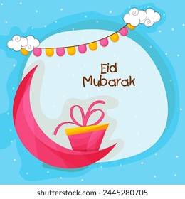 3D Crescent Moon with Gift on stylish background, Beautiful Greeting Card design for Islamic Holy Festival, Eid Mubarak celebration.