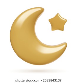3d crescent moon and gold star icon isolated on white background. Three dimensional realistic vector illustration. illustration