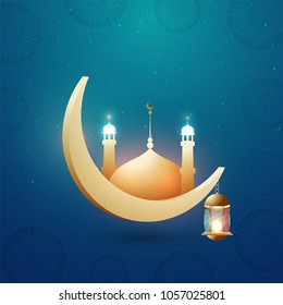 3D Crescent Moon, Moschee und Laterne auf blauem Hintergrund.