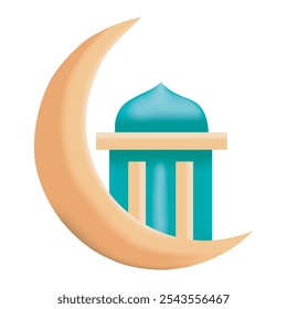 3D Crescent moon with mosque on white background