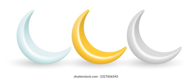 3d crescent moon set in yellow, white and blue color. islamic ornament illustration