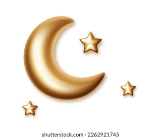3 d luna creciente y estrella para el diseño de elementos decorativos de Ramadan Kareem aislados. Icono de metal dorado de media luna realista