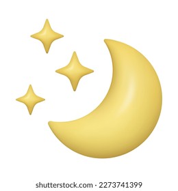 3d crescent moon and stars icon. Yellow realistic glossy plastic three dimensional vector illustration of half moon and cartoon four pointed stars on white background