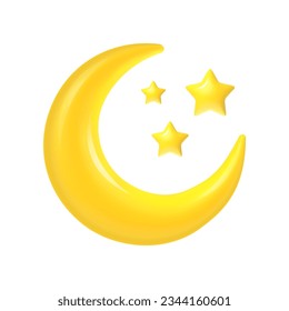 3d crescent. Moon and stars Ramadan concept, abstract islamic decoration element. Yellow half moon with star arabic muslim symbol isolated vector illustration. Golden moonlight, bedtime