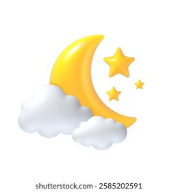 3d crescent. Moon, stars and white clouds kids sleep, sweet dreaming night concept. Glossy realistic Ramadan Islamic symbol. Vector Muslim Arabic Eid Mubarak element for greeting card.