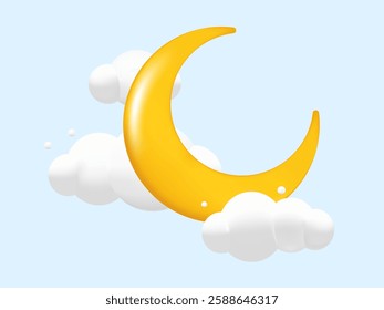 3D Crescent Moon and White Clouds Isolated on Blue Background - Dreamy Lullaby Design for Banner, Background, Booklet, Leaflet and Poster