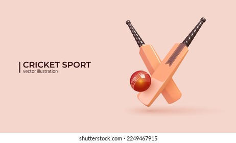 3d Cricket Concept. Realistic 3d Design of Cricket championship, Cricket Bat, Ball in Trendy colors. Vector illustration in cartoon minimal style.