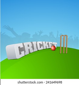 3D Cricket Text With Cricket Ball, Stump, Wicket And Silhouette Of Audience.