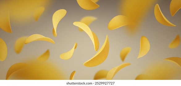 3d batata frita chip flutuando. Plano de fundo do vetor da explosão do alimento do lanche. Apetidor de fatia amarelo crocante para publicidade bg. Ondulado realístico vegetal frito salgado. Deliciosa cena de close-up com desfoque