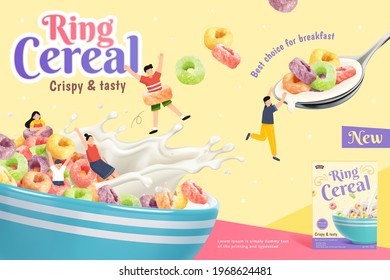 3d crispy and tasty ring cereal ad banner. Kids playing in a bowl full of ring cereals and splash of milk. Suitable for healthy breakfast. svg