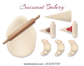 3D croissant bakery. Dough wood roll dough wedge berry and chocolate filling isolated vector illustration