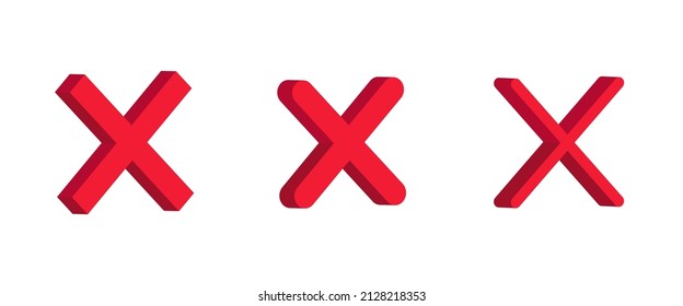 3d Cross icon. Set of red web icons Cancel. Vector clipart isolated on white background.