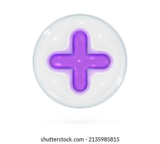 3d cross icon. Violet plus glossy glass sign in white bubble. Vector render design element.