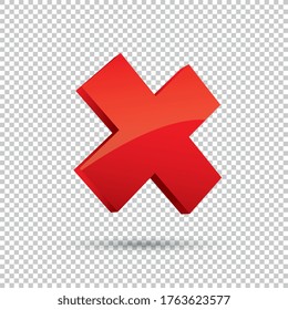 3D Cross sign elements on checked transparent background. Mark graphic design. Button for vote, decision, web. Symbol of error, check, wrong and stop, failed. Vector illustration. Eps 10 vector file.