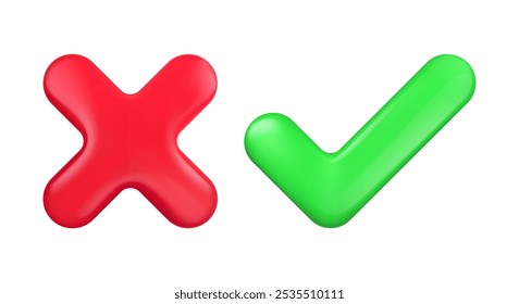 3d cross and tick. Red x wrong and check right green thick icons. Negative decline and positive approve symbols. Vector interface mark button isolated on white.