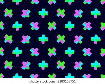 3D crosses seamless pattern. Isometric pluses of acid color. Cross shape. Acid trip. Design for posters, banners and promotional products. Vector illustration