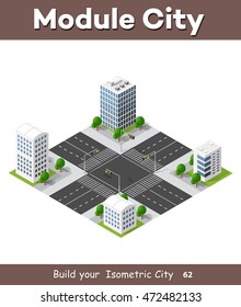 The 3D crossroads of the big city with pedestrian crossings and traffic lights