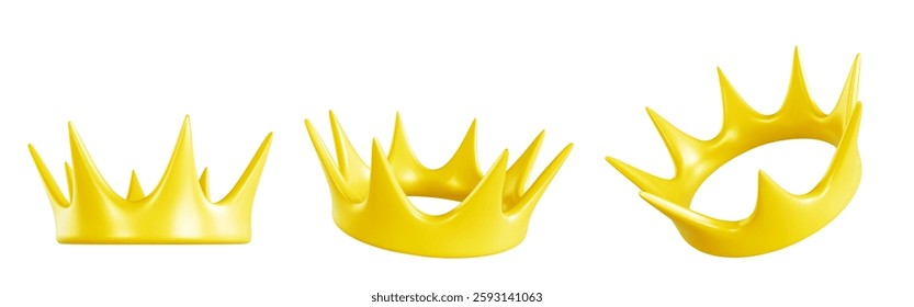 3D crown collection with different angles of golden royal headwear design. Shiny yellow monarchy symbols with pointed spikes. Luxury medieval power emblem for game assets or historical illustrations.