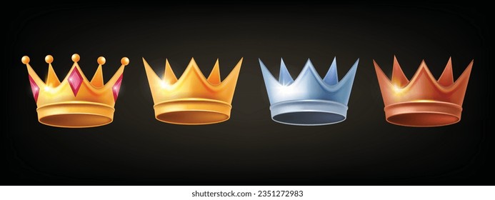 3D crown game badge set, golden silver bronze queen king vector majestic tiara icon kit royal logo. Victory success princess premium reward, RPG classic metal medieval coronet. UI game level up crown