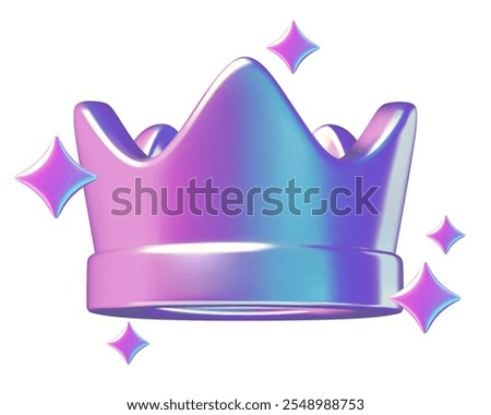 3d crown holographic y2k vector illustration. Pink and purple metallic gradient emoji with sparkles isolated on white background. 