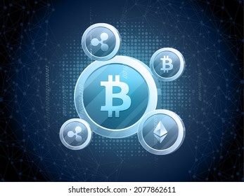 Monedas De Cripto 3D En Líneas Abstractas Y Fondo De Medio Tono.