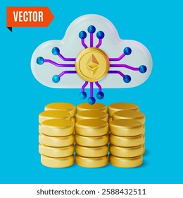 3d Crypto Currency Concept Cloud Mining with Ethereum Golden Coins Stacks Cartoon Design Style. Vector illustration