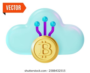 3d Crypto Currency Concept Cloud Mining with Bitcoin Golden Coin Cartoon Design Style. Vector illustration