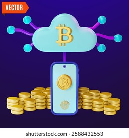 3d Crypto Currency Concept Cloud Mining with Smartphone and Golden Coins Stacks Cartoon Design Style. Vector illustration