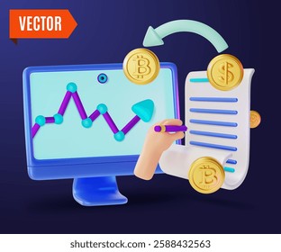 3d Crypto Currency Concept Computer Display and Graph, Cryptocurrency, Smart Contract and Hand Holding Pen Cartoon Design Style. Vector illustration