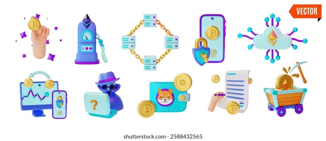 3d Crypto Currency Concept Element Set Cartoon Design Style. Vector illustration of Smart Contract, Ethereum Gas Fees and Shiba Inu Wallet