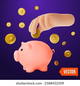 3d Crypto Currency Concept Hand Putting Ethereum Coin a Piggy Bank Cartoon Design Style. Vector illustration