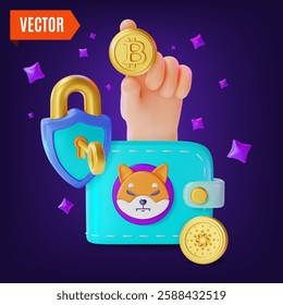 3d Crypto Currency Concept Hand with Golden Bitcoin and Shiba Inu Wallet Cartoon Design Style. Vector illustration